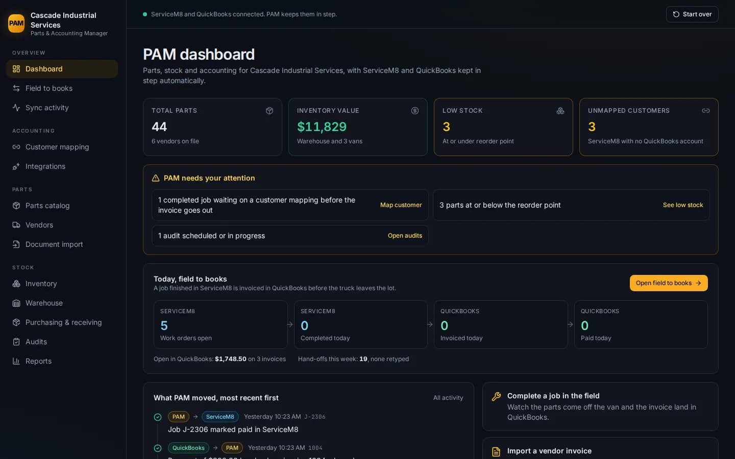 PAM: the back office that keeps the field and the books in step: the working demo