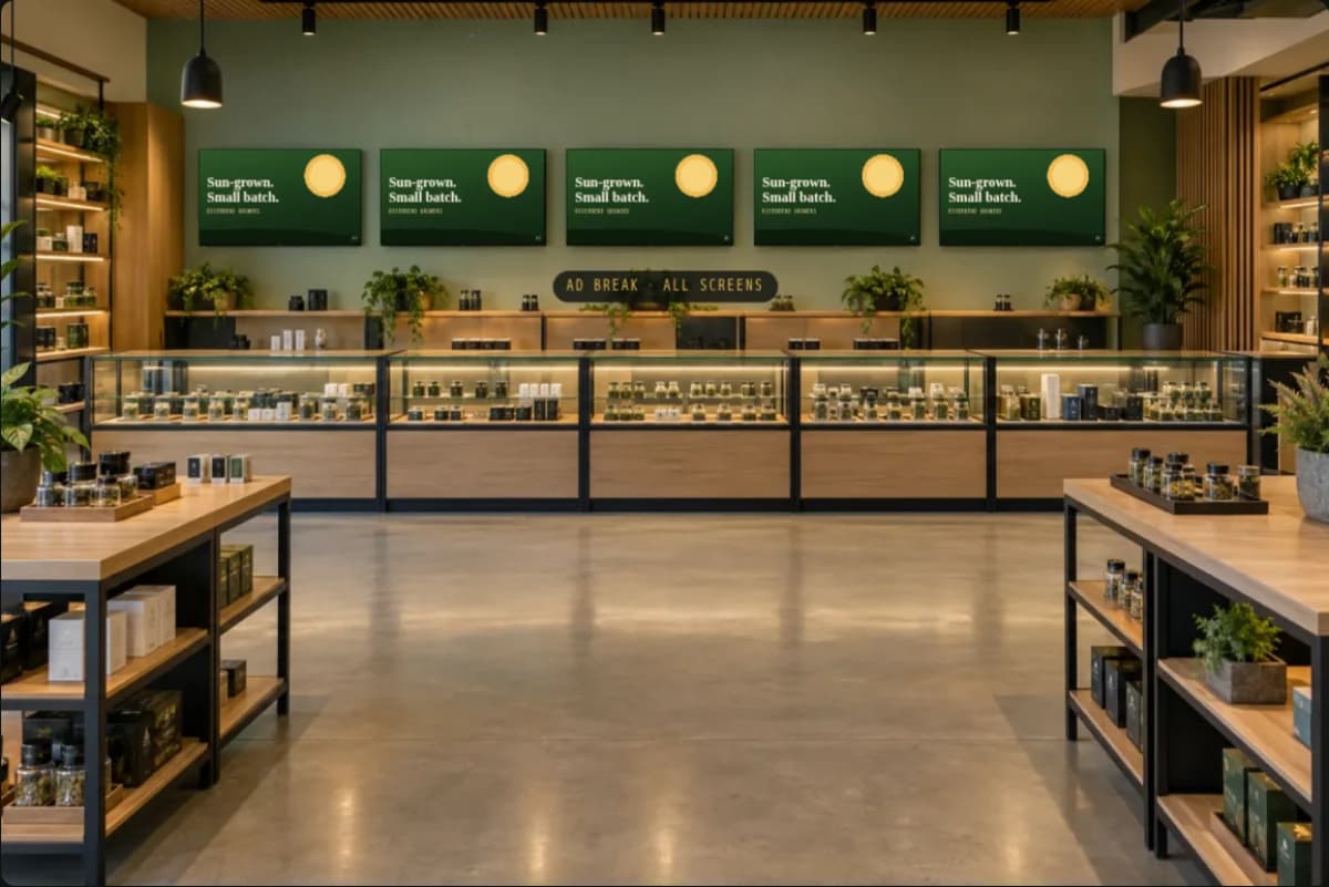 A regulated store, front to back: live menus, an ad wall and a checkout that checks itself: the working demo