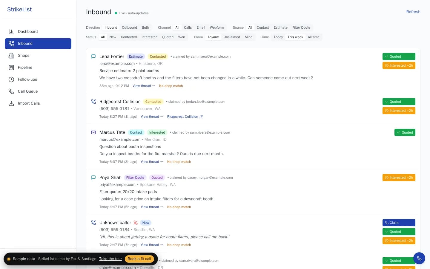 Every lead lands in one live feed