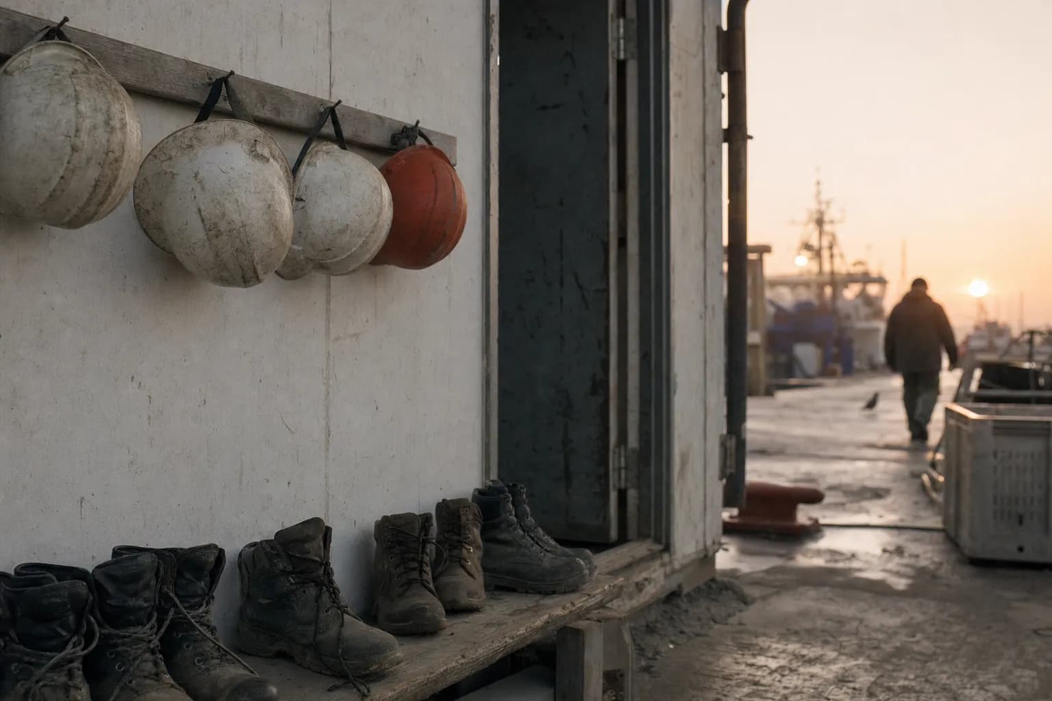 Work boots lined up by a shop door with one space empty