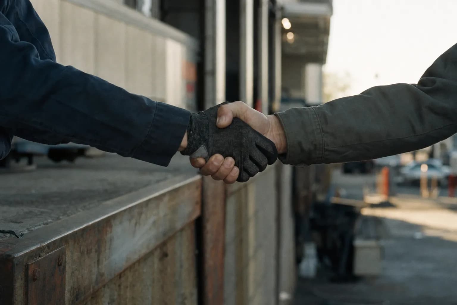 A technician and a customer shaking hands on a loading dock