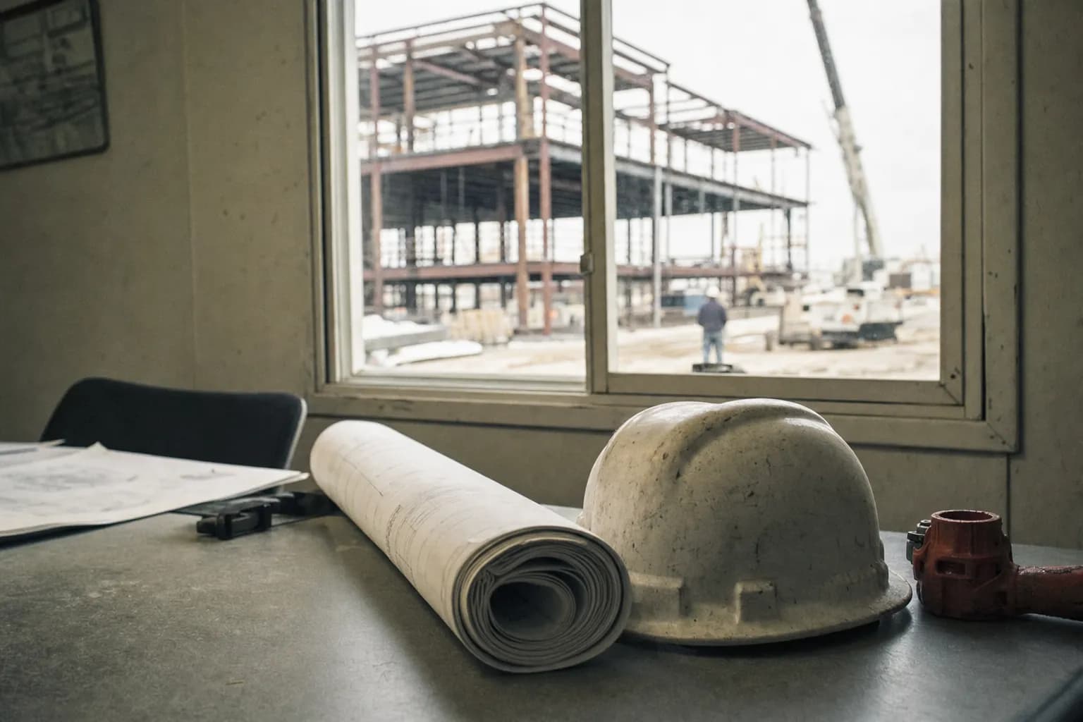 Rolled drawings and a hard hat on a job trailer table