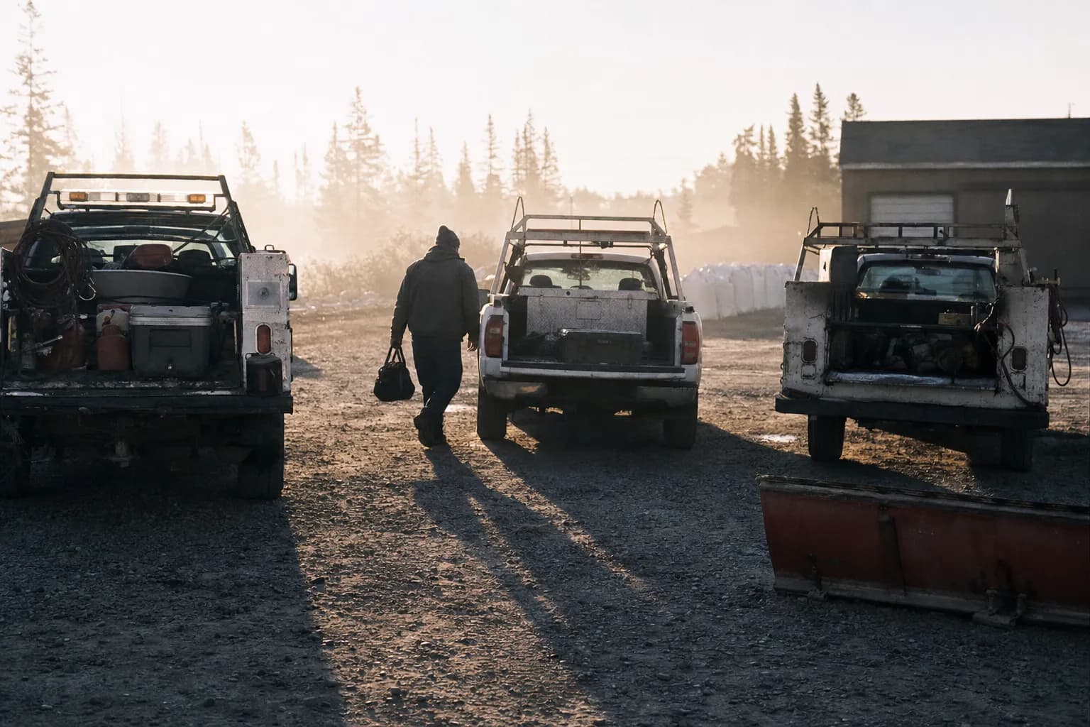 White service trucks with tailgates down in a gravel yard at first light