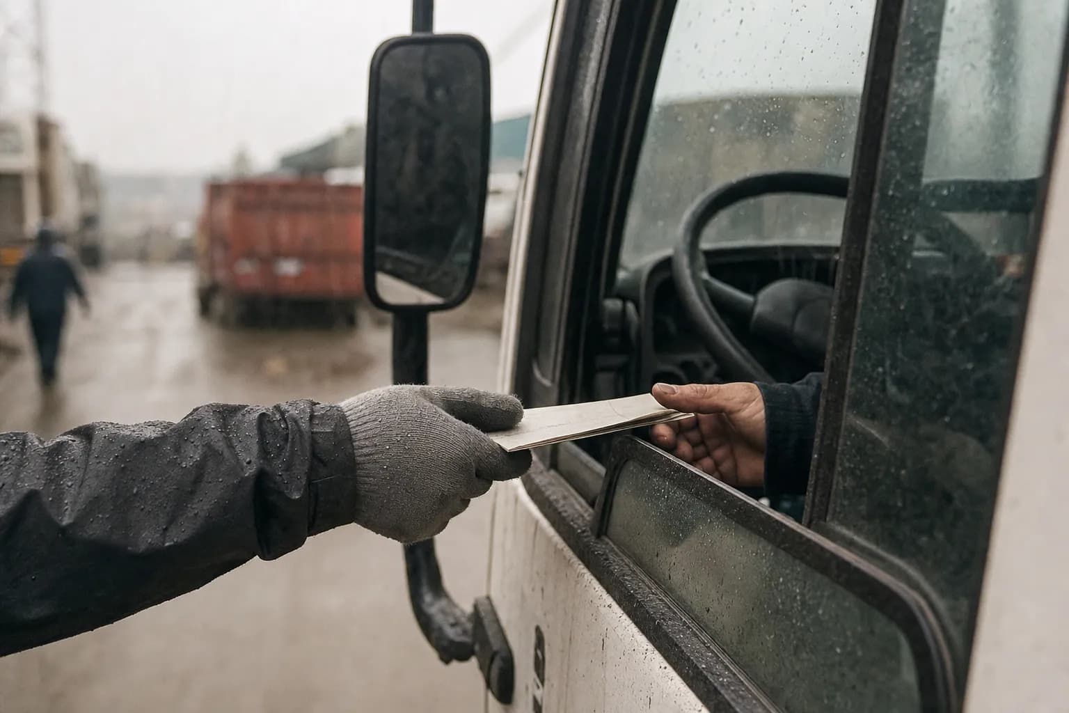 A gloved hand passing a folded work ticket into a truck cab in the rain
