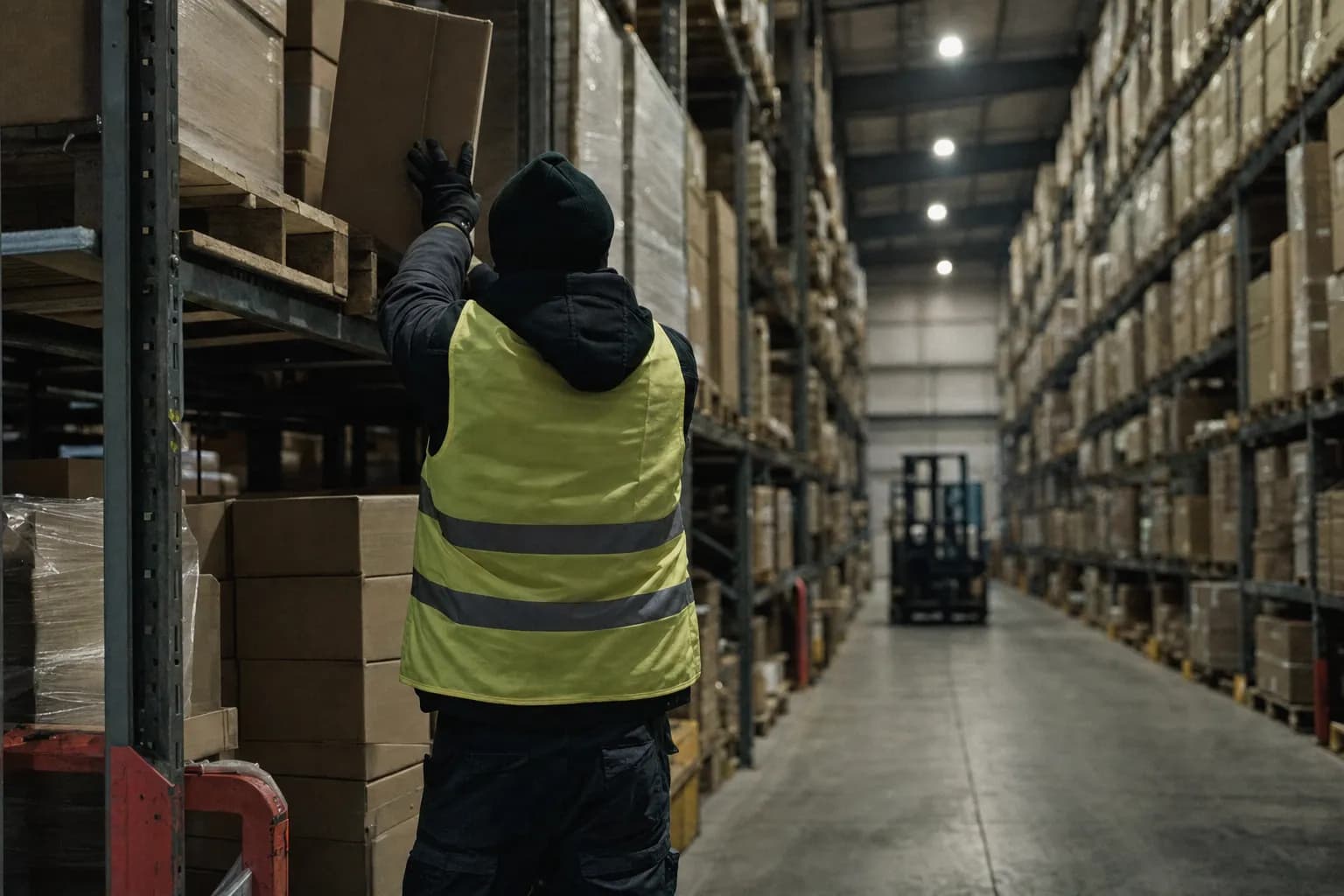A warehouse worker seen from behind pulling a carton from a tall pallet rack