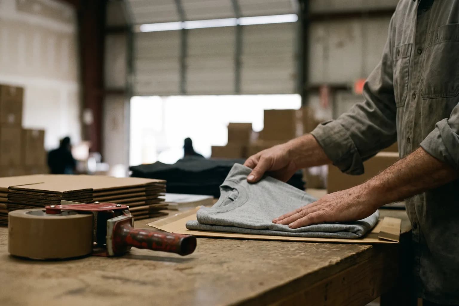 Hands folding a printed t-shirt into a mailer on a packing table