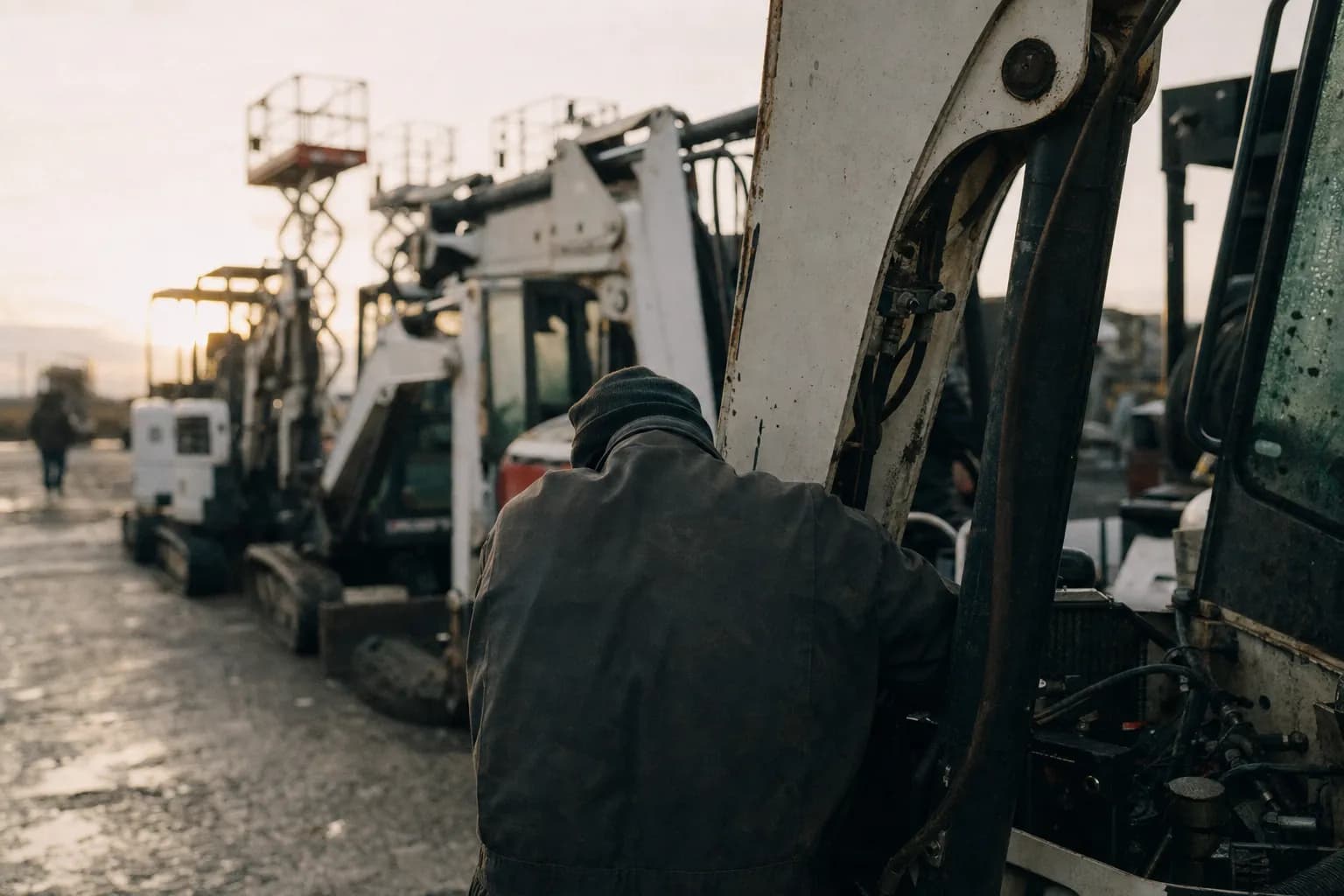 A mechanic checking a hydraulic line in a rental equipment yard