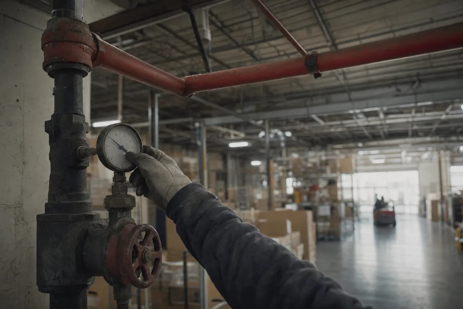 A gloved hand checking a pressure gauge on a sprinkler riser