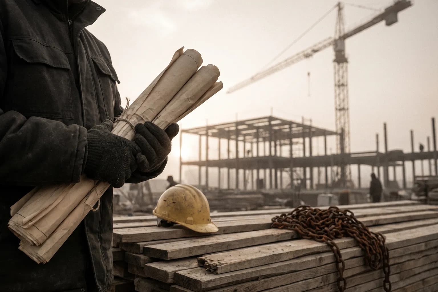 A superintendent's hands holding rolled drawings on a building site at dawn