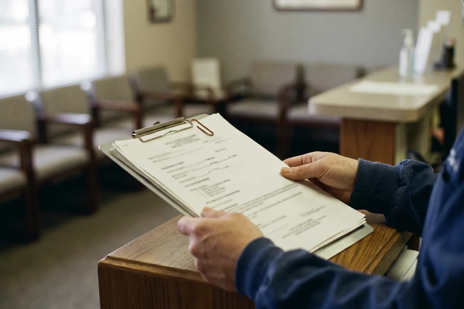 Hands lifting a clipboard of intake forms from a clinic front counter