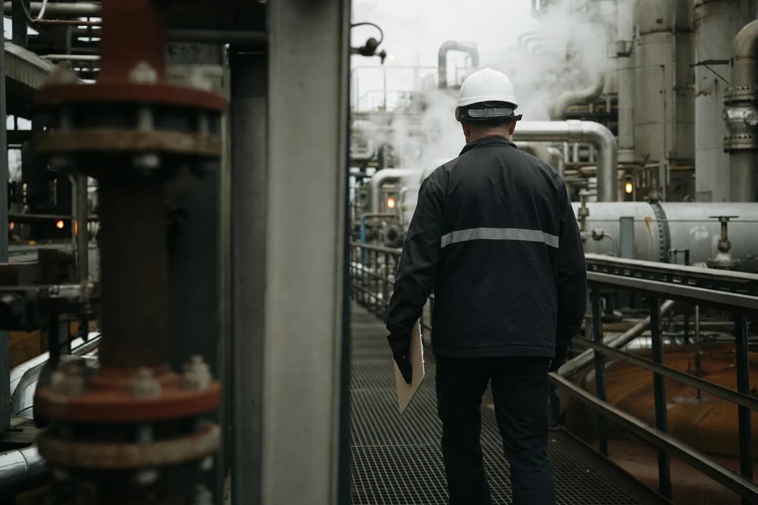 A worker in a hard hat walking a plant catwalk with a clipboard