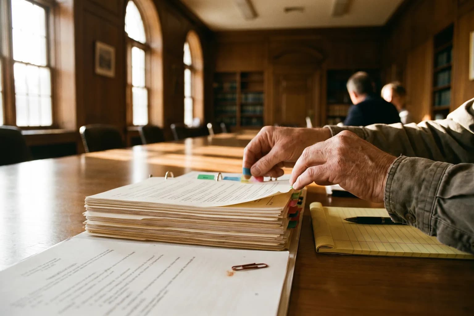 Hands tabbing a thick binder of documents on a conference table
