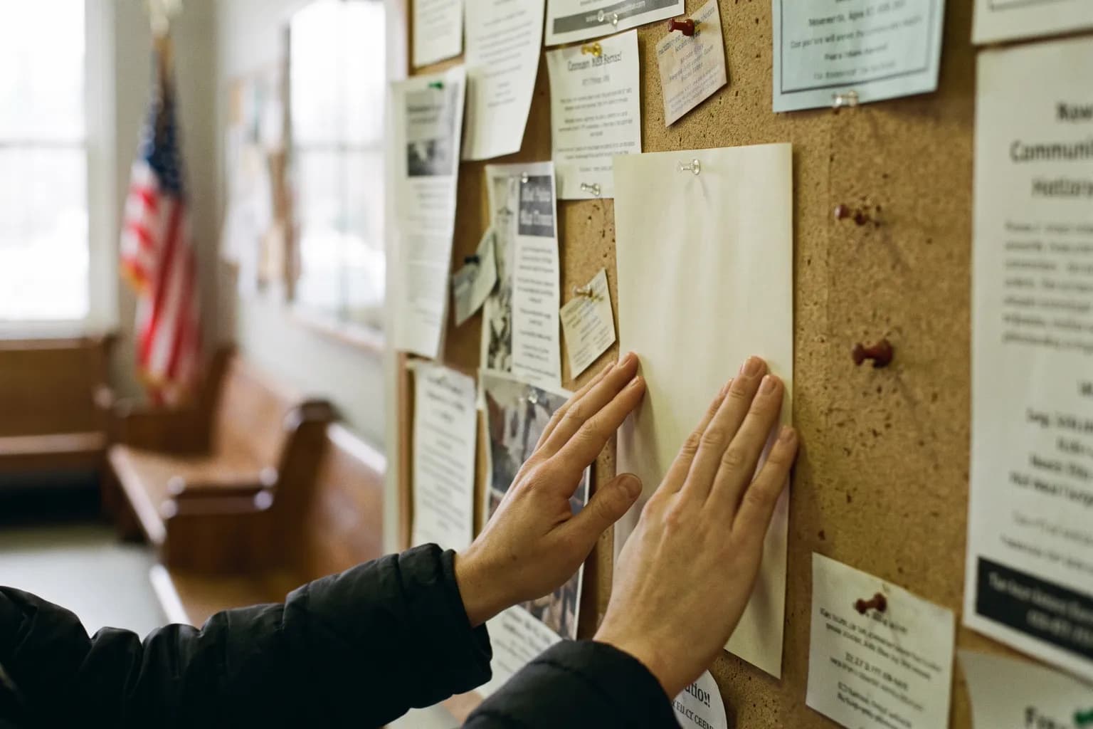Hands pinning a flyer to a cork community board at a town hall