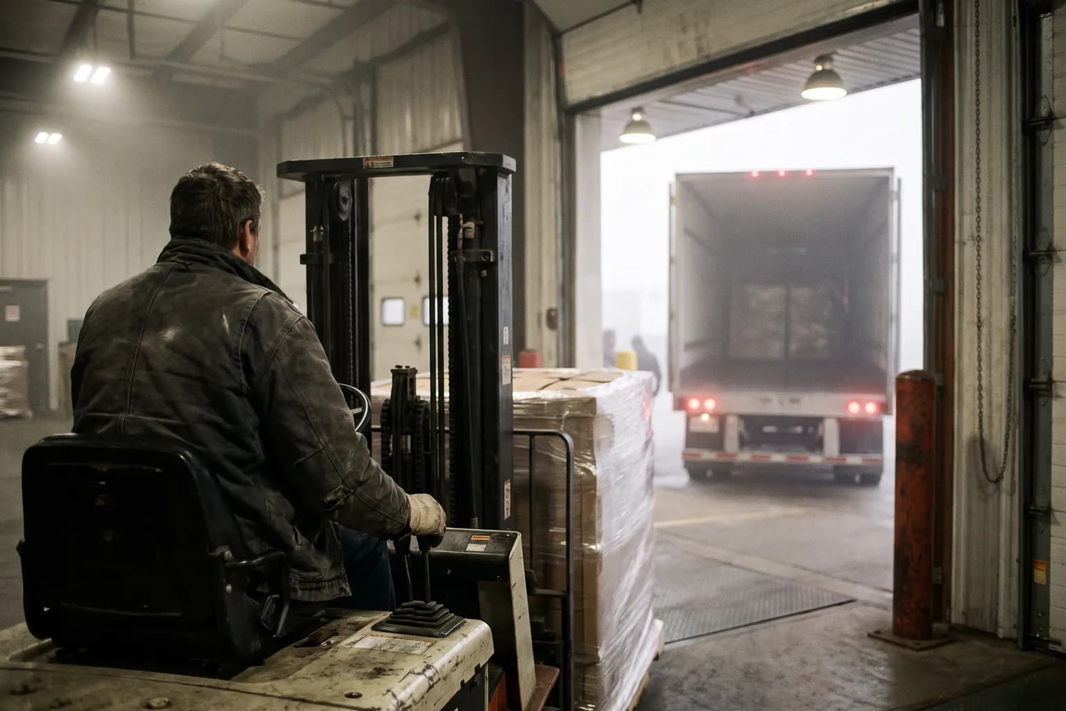 A forklift operator seen from behind moving a wrapped pallet onto a dock