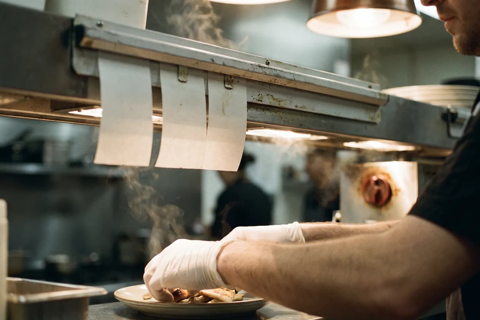 A cook's hands plating a dish at the pass under heat lamps