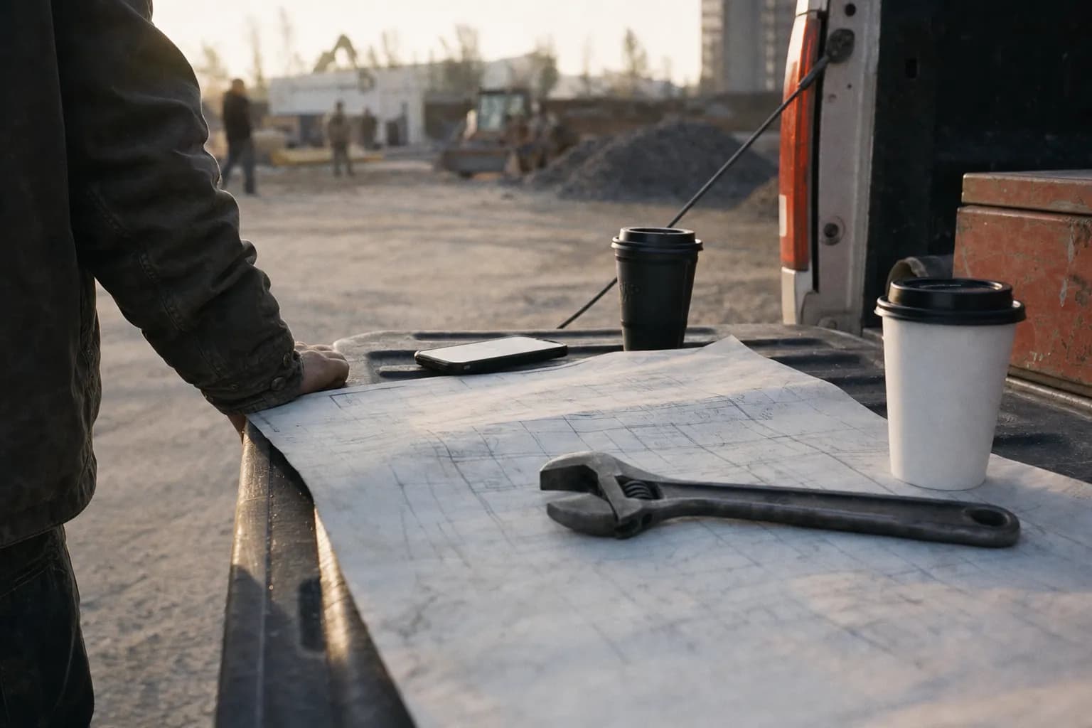 Two coffee cups and a phone on a tailgate before work