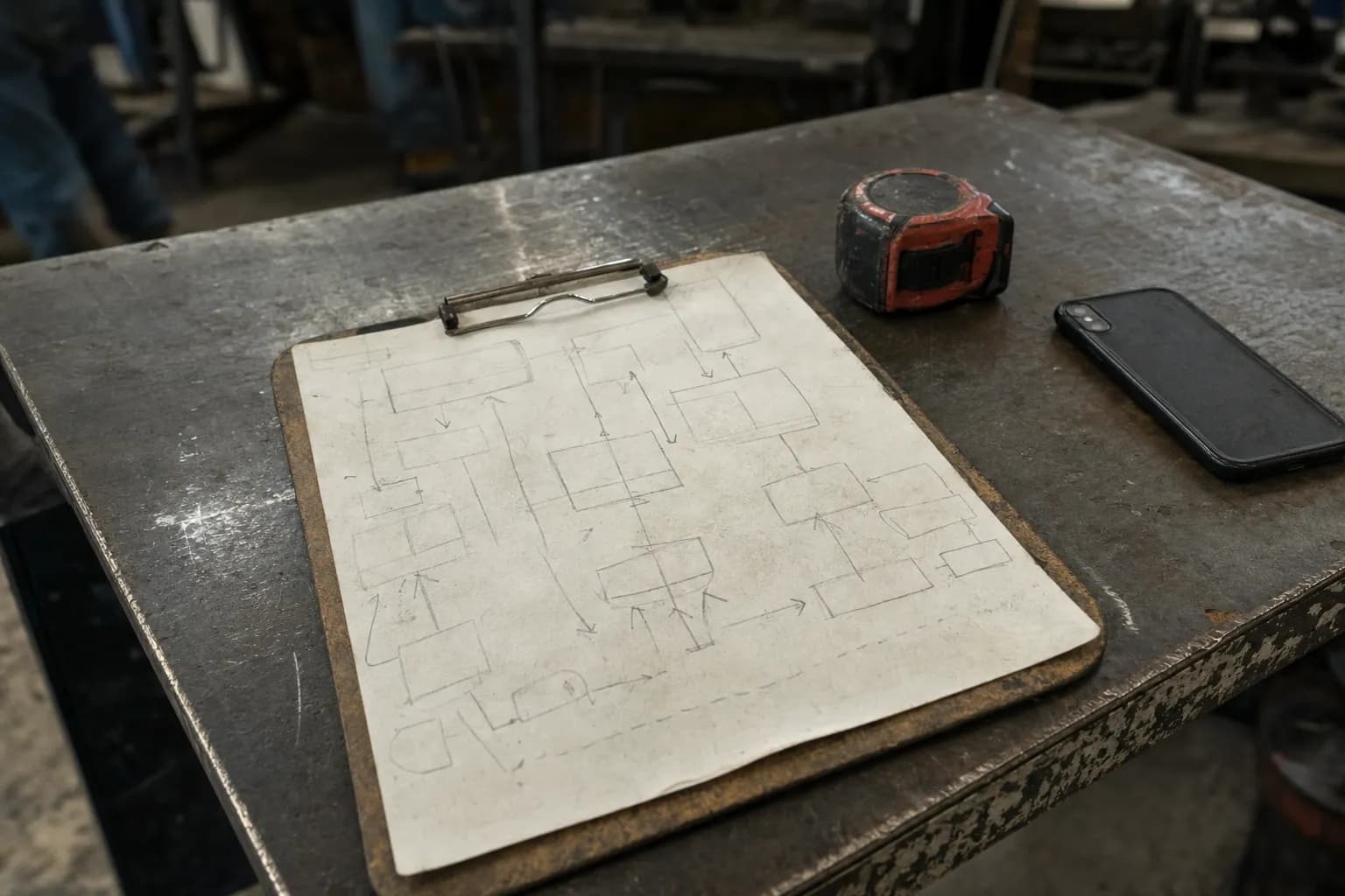 A pencil process sketch on a clipboard lying on a steel workbench