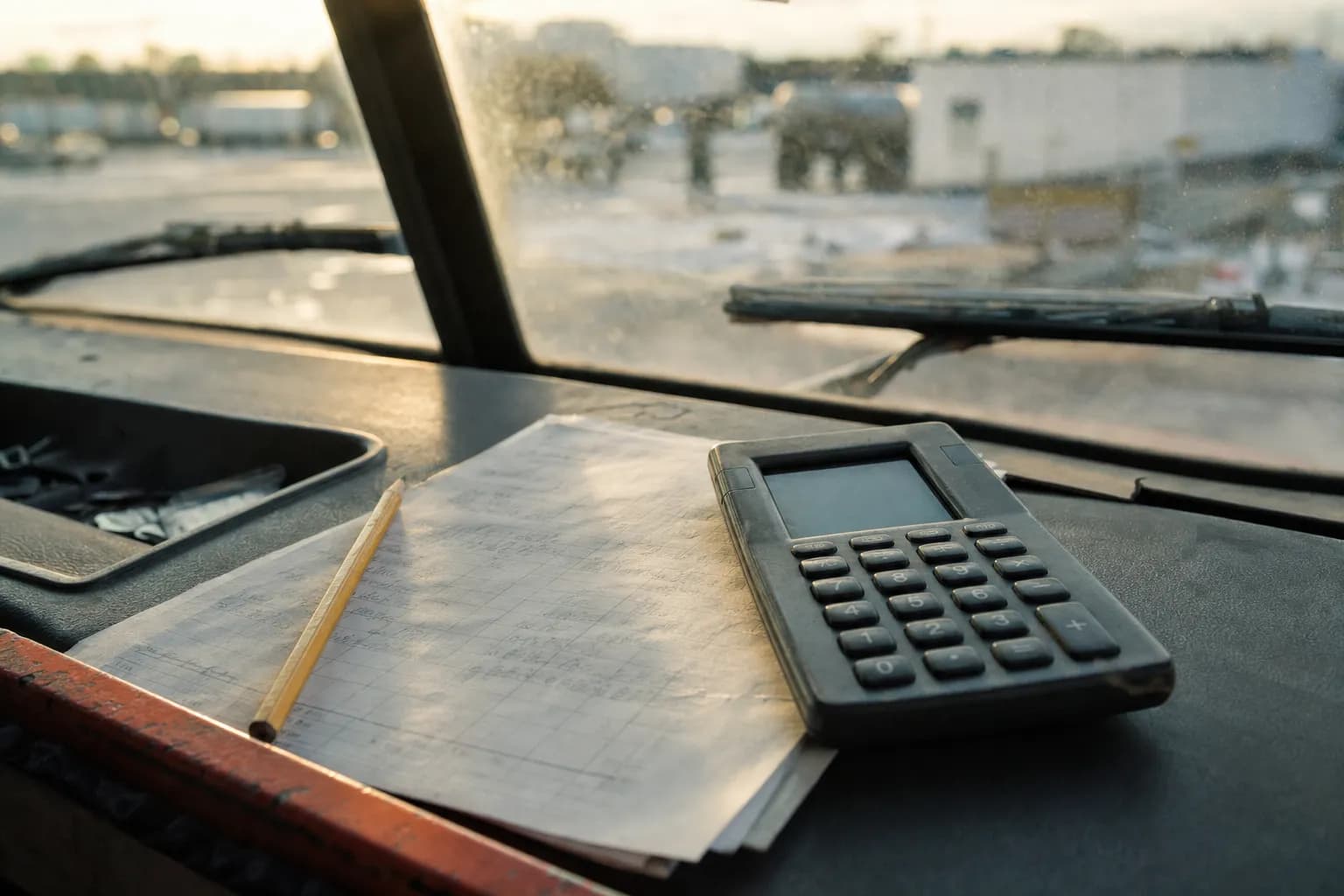 A pencil, a calculator and a paper time sheet on a truck dashboard