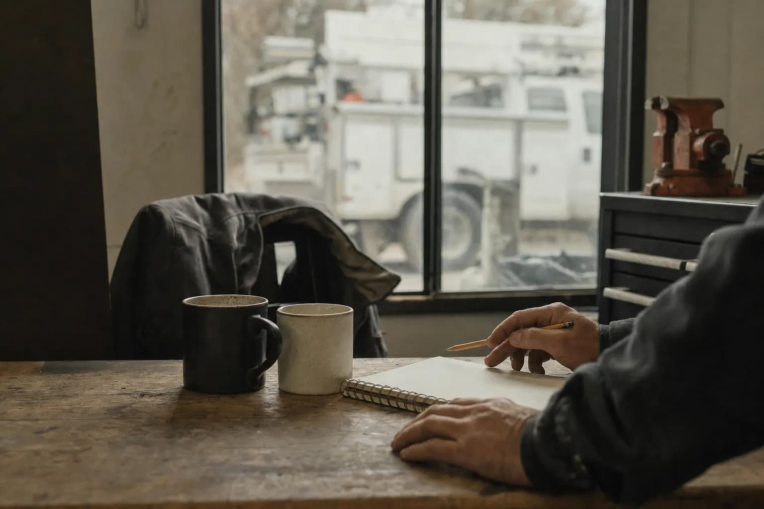 A small workshop office table with two mugs and a notebook