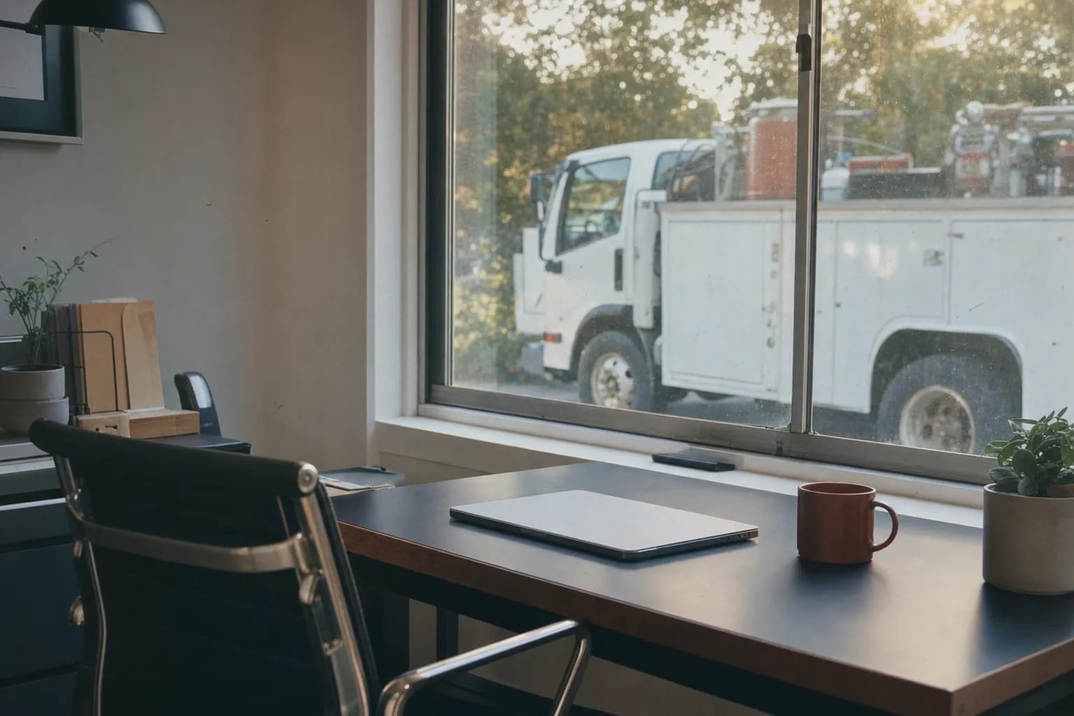 A clear, quiet office desk in morning light with a service truck outside