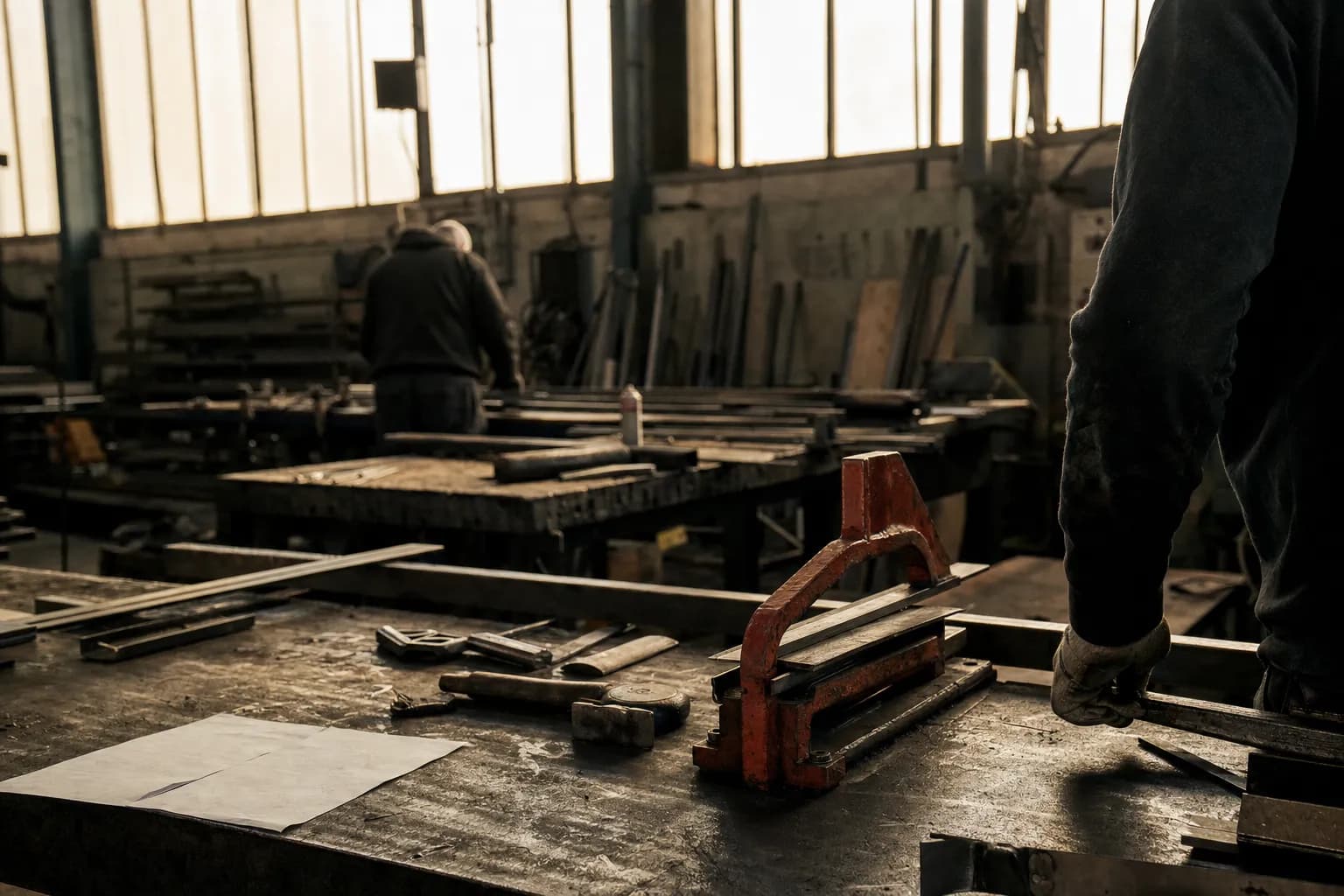 A metal fabrication shop floor in golden light