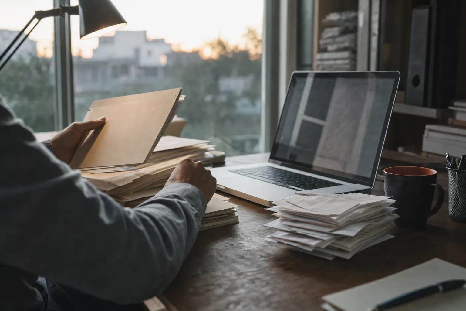 Hands sorting client folders and receipts beside a laptop on an office desk